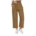 thumbnail image 3 of QATAINLAV Capri Pants for Women with Pockets Casual Drawstring High Waisted Cropped Trousers Cotton Linen Solid Lounge Pants Lightning Sales Today Brown 3XL, 3 of 6