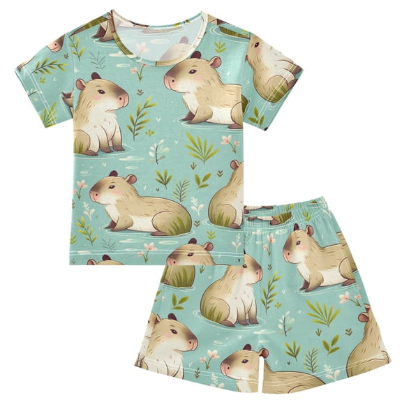 joogoo Capybara Cute Pattern Pajama Sets Short Sleeve Cotton 2-Piece Sleepwear 10Y