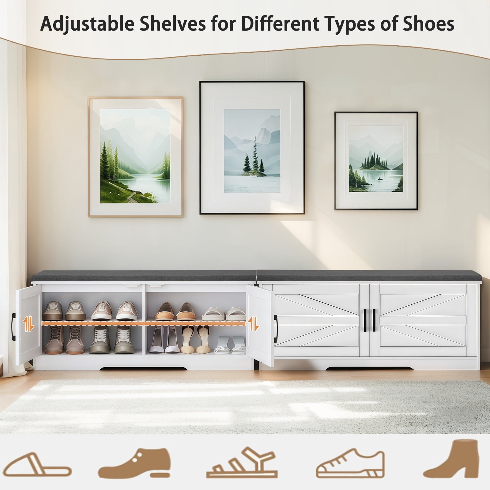 PORKISS Shoe Storage Bench with Cushion and Barn Doors for Entryway, Bedroom, Shoe Rack Bench with 2 Adjustable Shelves, White B