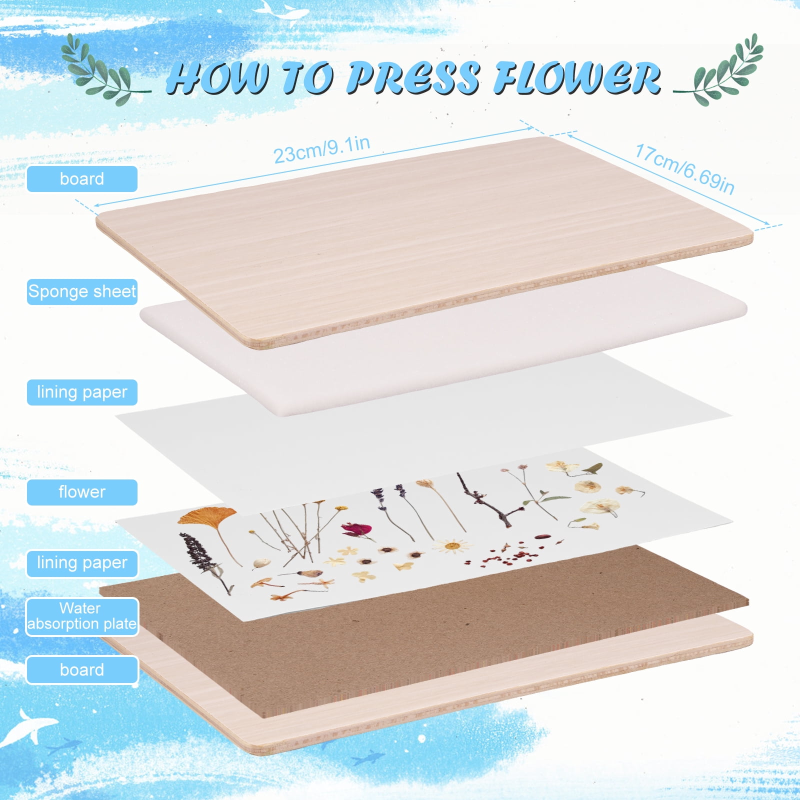 Adifare Flower Press Kit 6 Layers Wooden Flower Press Complete Flower Preservation Kit Portable Leaf Pressing Kit for DIY Flower Preservation Crafts Making Dried Plants 6.7×9.1 in