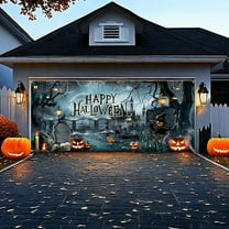 Halloween Garage Door Decorations Hanging Tapestry 6x16 FT Spooky Scary Outdoor Party Backdrop with Pumpkin Graveyard Design for Haunted House Photo Booth Wall Cover