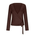 thumbnail image 4 of FRSASU Ballet Wrap Top for Women Yoga Workout Slim Fit Front Cross Tie Shirts Long Sleeve Shrug Cover up Dance Top Coffee, 4 of 9