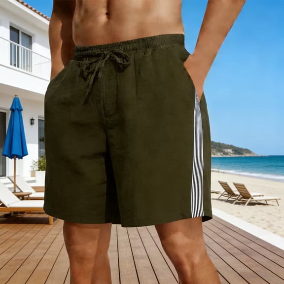 CQONEPT Shorts for Mens Elastic Waist Side Striped Drawstring Short Pants with Pockets Elastic Waist Short Pants Army Green L