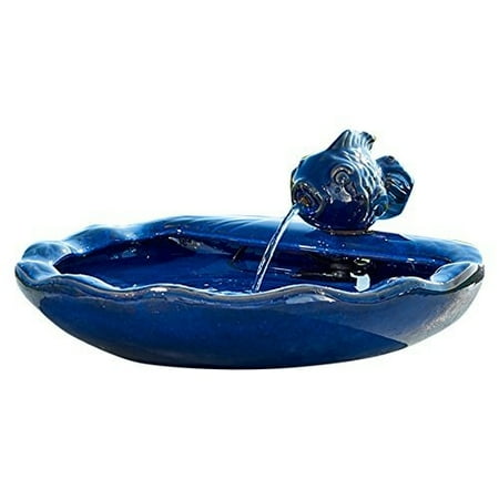 Solar Fountain, Blue Glazed Ceramic Koi Powered Decorative Outdoor Fountain Pump