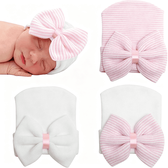 TELOLY Newborn Hospital Hat with Bow Cotton Infant Baby Cap Soft Cute Nursery Beanie Hat for Baby Girl Boy 0-3 Months Baby Hats