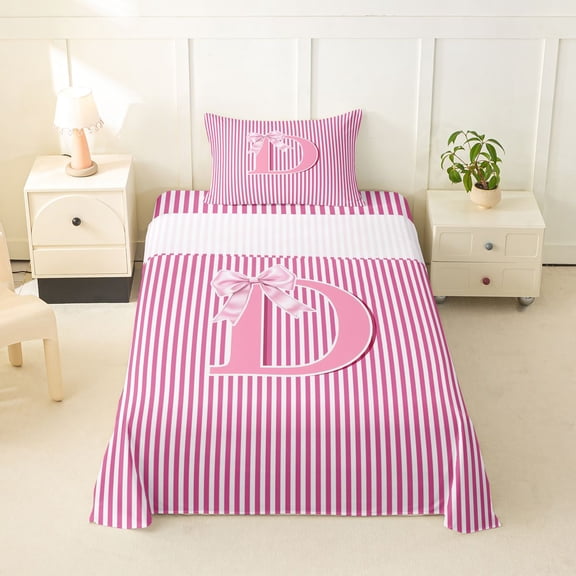 Feelyou Bow Letter D Twin Sheet Sets for Girls, Pink Stripes Line Bedding, 3 Pieces