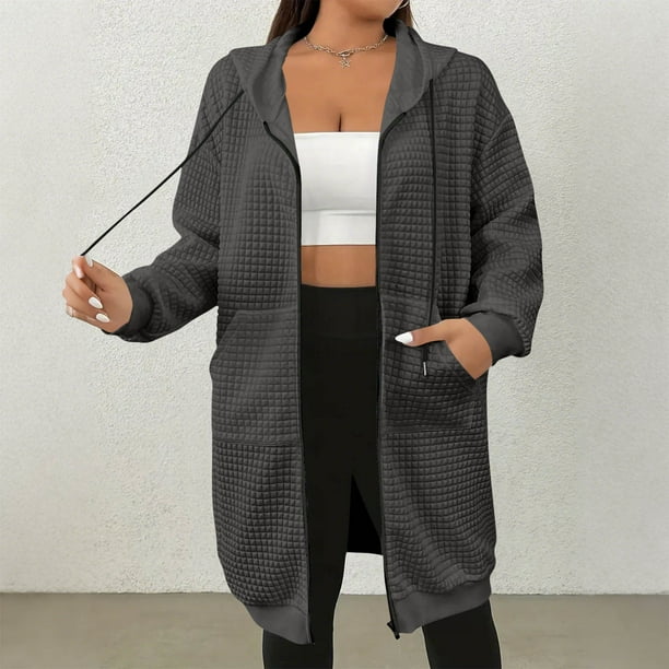 HongQid Women's Zip Up Hoodies Long Sleeve Long Tunic Sweatshirts Oversized Casual Waffle Fall Jacket Coat with Pocket