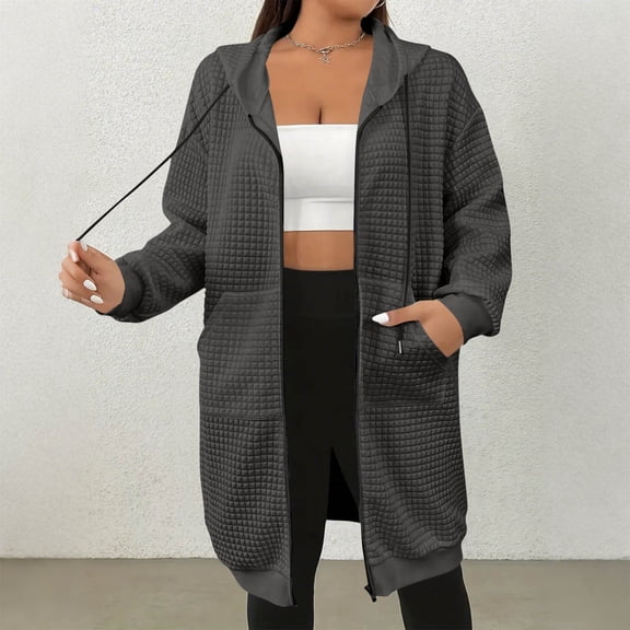 Fanxing Long Hoodie Womens Waffle Knit Full Zip Casual Tunic Sweatshirts Long Sleeve Hooded Track Jacket with Pockets Gray 2XL