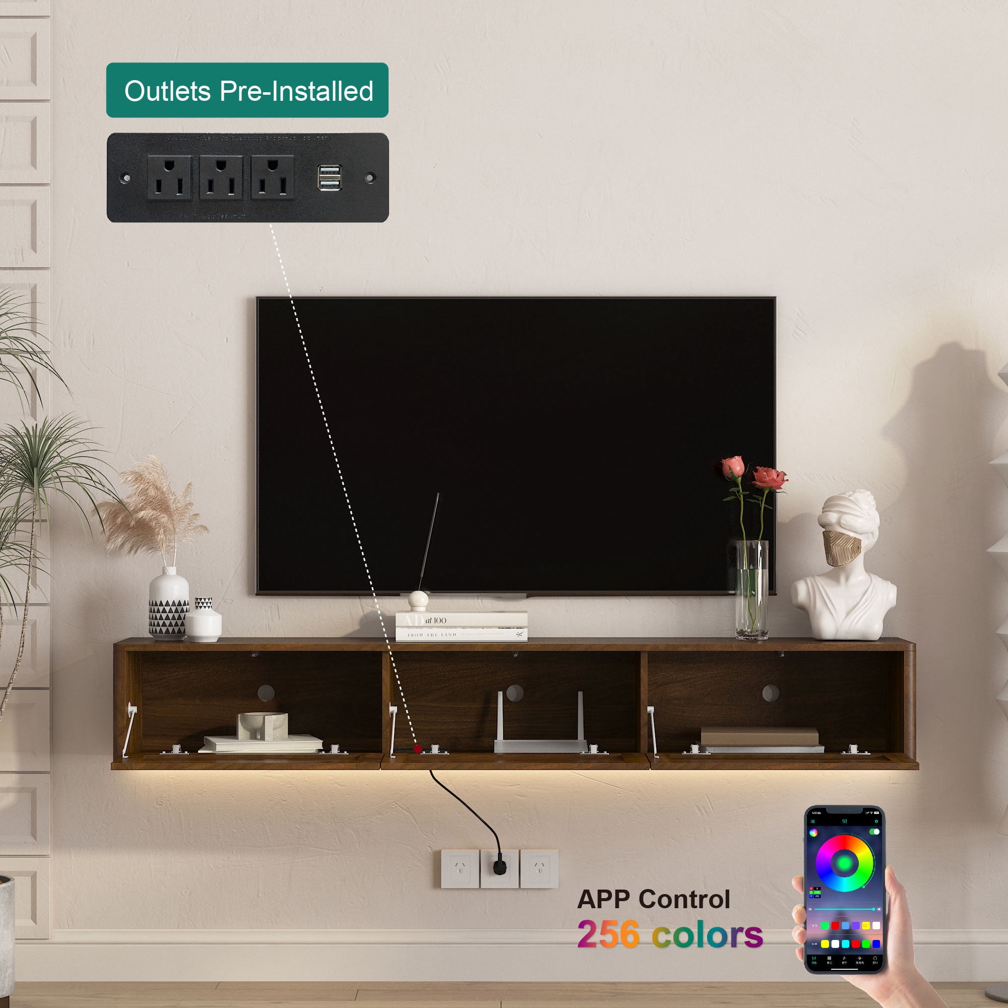 S-HOME Wall Mounted TV Shelf Featuring Led Lights and Power Outlet, High Gloss Floating TV Stand for Your Living Room