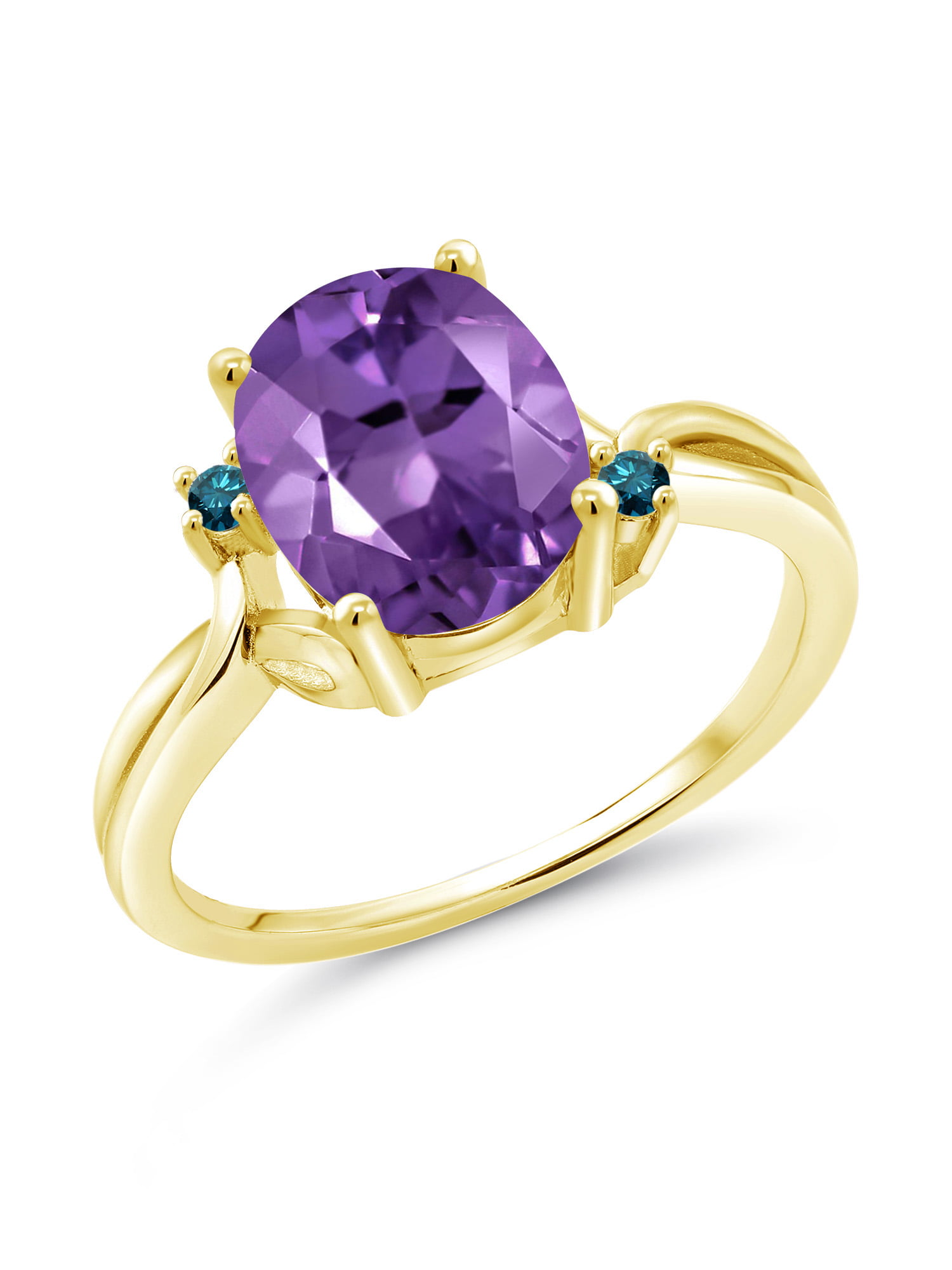 Gem Stone King 2.33 Ct Oval Purple Amethyst Blue Diamond 14K Yellow Gold  Flower Ring