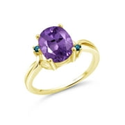 Gem Stone King 2.33 Ct Oval Purple Amethyst Blue Diamond 14K Yellow Gold Ring