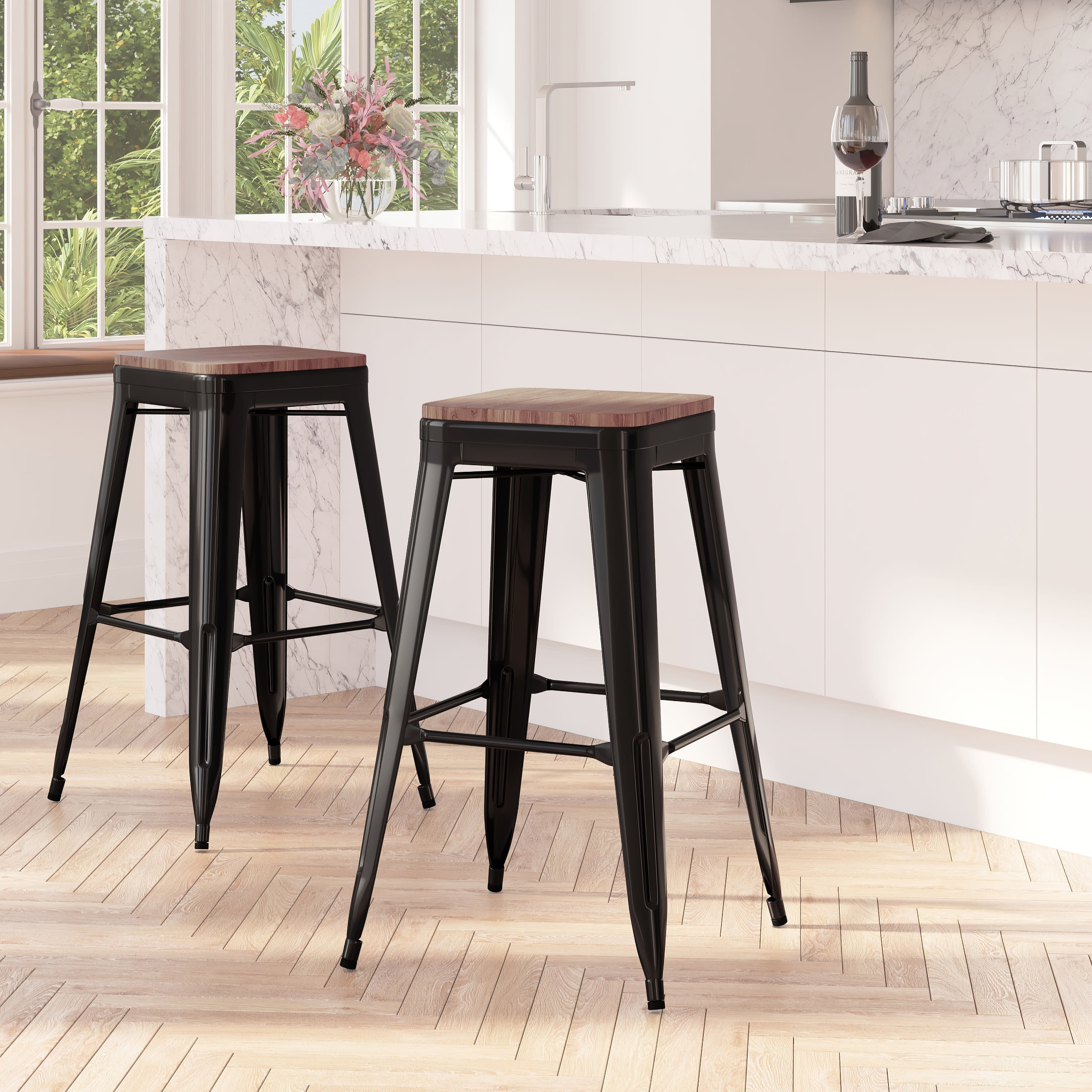 Merrick Lane 30" High Backless Black Metal Bar Height Dining Stool with