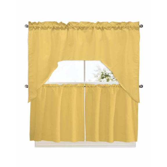 Yellow Solid, Kitchen Curtains Swag Valance and Tier Curtains Set 24 Inch Length, Pure Color Rod Pocket Drape Panels Pair Swag Curtains for Bathroom/Cafe/Window