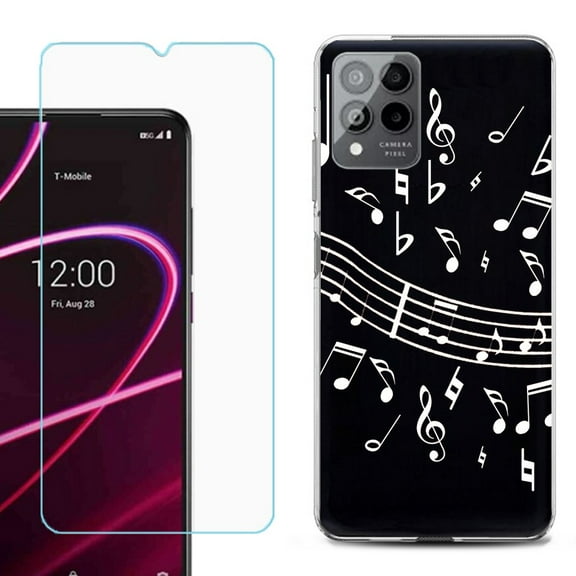 OneToughShield ® for T-Mobile Revvl 6x Pro 5G Shockproof Fashion Phone Case, with Tempered Glass Screen Protector - Music Notes / Black