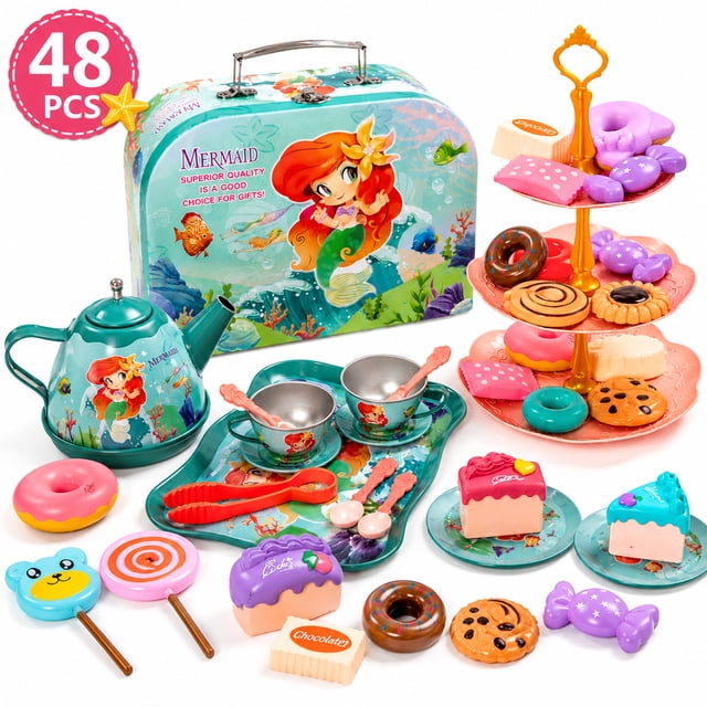 Funtogether Toys Mermaid Tea Party Set for Kids, 48 Piece Pretend Play Toy Tea Set with Teapot