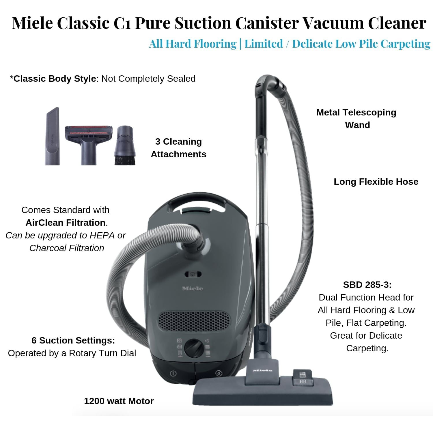 Details about   Miele C1 Classic Pure Suction Canister Vacuum CleanerHard Flooring! 