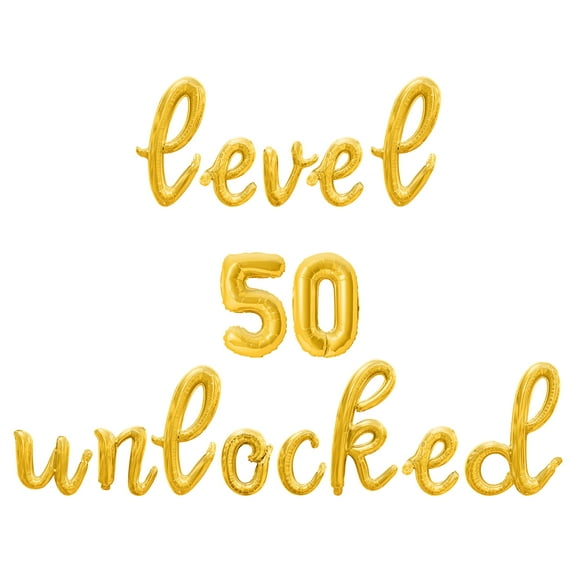 Cursive Script Letter Balloons - LEVEL 50 UNLOCKED 16" Inch Alphabet Letters Foil Mylar Balloon 50th Birthday Party Banner (Gold)