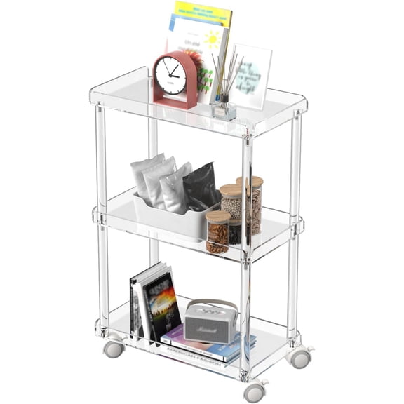 Acrylic Slim Storage Cart - 3 Tier Utility Rolling Cart - for Kitchen, Bathroom, Living Room, Laundry, Narrow Places - 15.6'' L x 8.7'' W x 23.6'' H