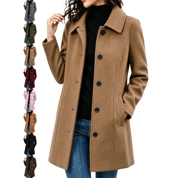 Elegant Wool Coat for Women Notch Lapel Long Sleeve Button Front Mid Length Casual Outerwear
