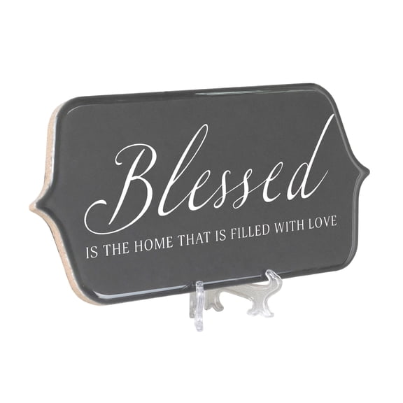 Elanze Designs Blessed Is The Home Grey 8 Inch Ceramic Tabletop Easel or Wall Hanging Tile Sign