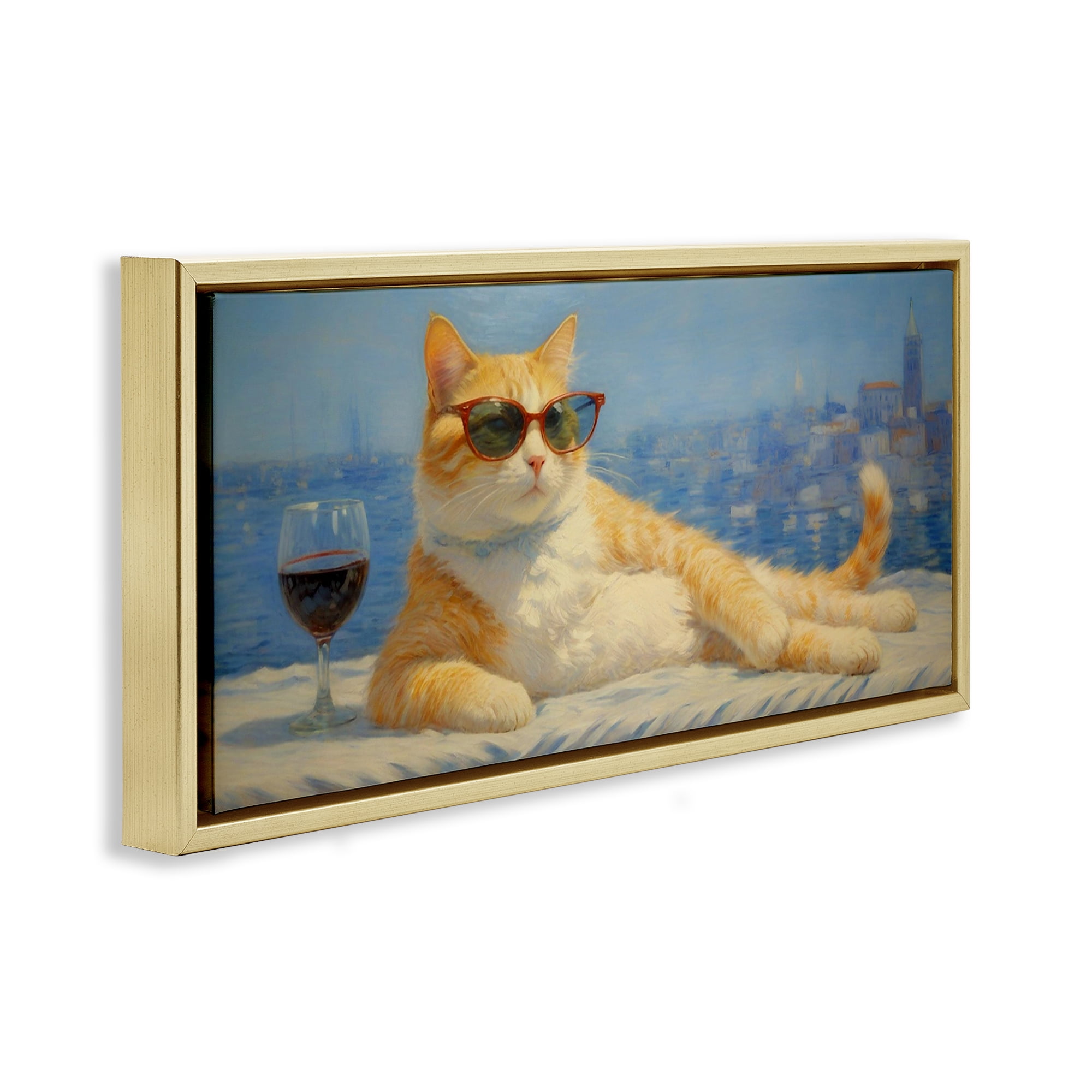 Stupell Industries Lounging Feline with Wine Glass Gold Framed Floater Canvas Wall Art, design by Angie Hawke