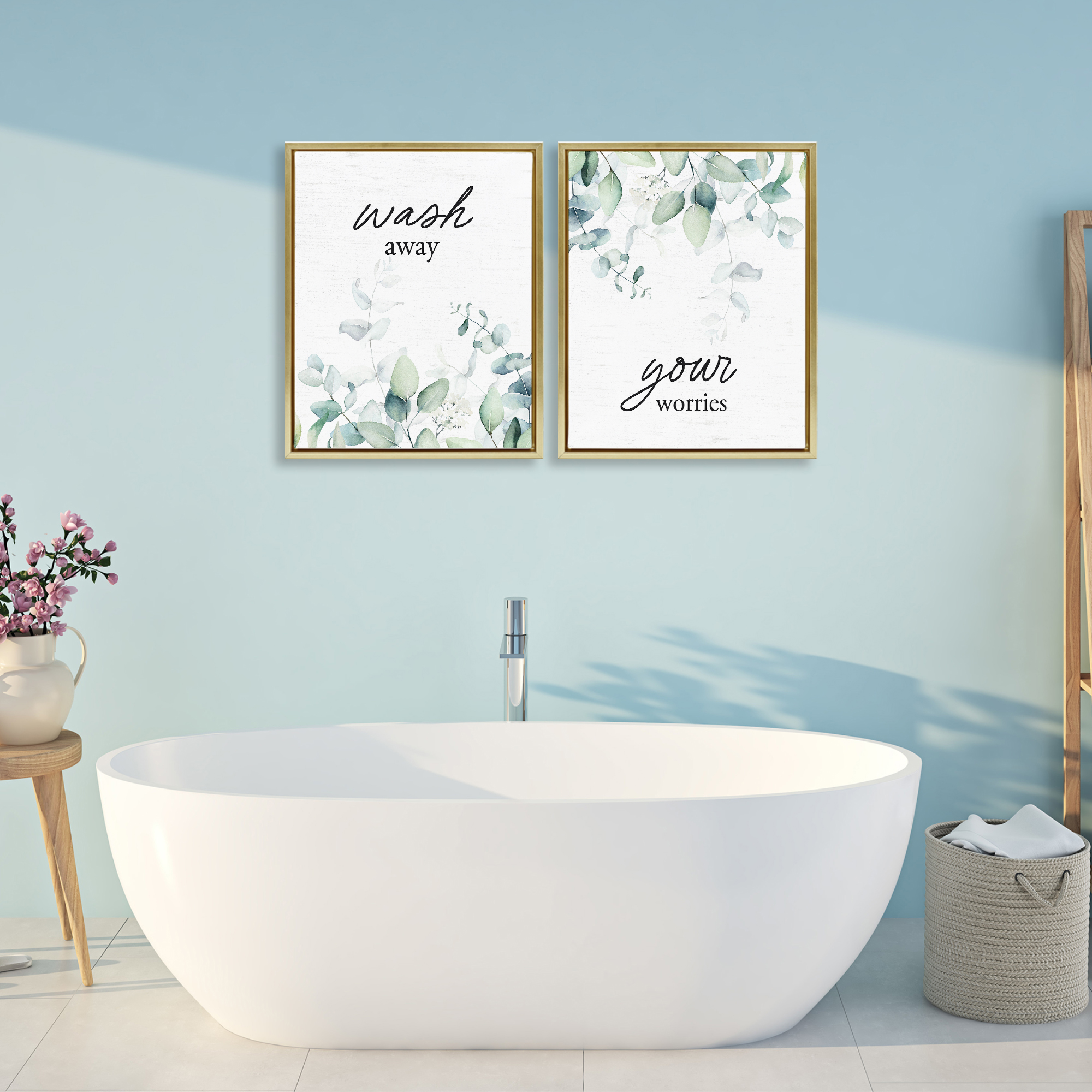 Wash Away Your Worries Leaves 2 Piece Gold Framed Floater Canvas Set, design by Lettered and Lined