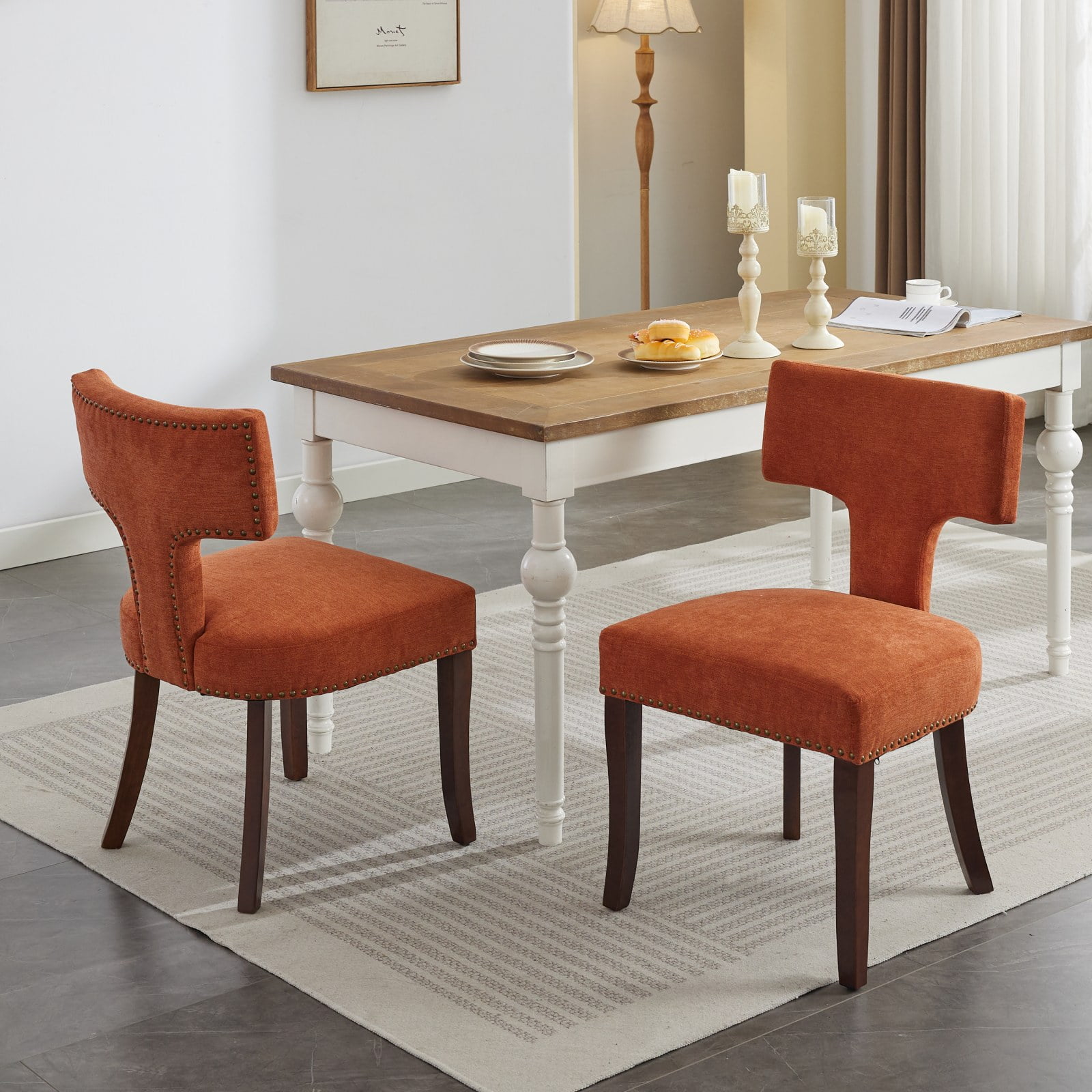 MAYEERTY Mid-Century Modern Dining Chairs - Farmhouse Linen, Curved Back, Copper Nails, Hardwood Frame, Orange, Set of 2