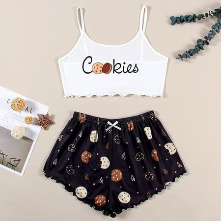 

Knosfe 2 Pack Sexy Sleepwear Pajamas Set Crop Top Shorts Nightgown Cookies Print Pjs for Women