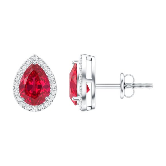 Rosec Jewels 5X7 MM Pear Cut Created Ruby Classic Stud Earring with Diamond Accent, 925 Sterling Silver