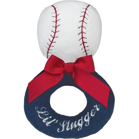Bearington Baby Lil’ Slugger, 5.5 Inch Red, White and Blue Plush Stuffed Baby Baseball Soft Ring Rattle