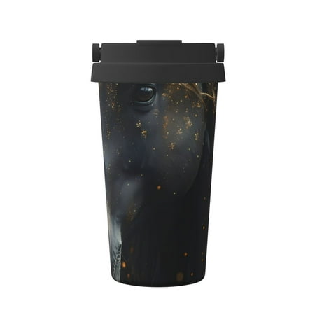 

Xecao Black And Gold White Horse Pattern Insulated Coffee Mug with Handle & Flip Thermos Mug Water Bottle Coffee Tumbler Cup