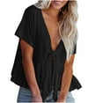 thumbnail image 6 of iHengLiXing Spring Tops for Womens Dressy Casual Women's Solid Color Short Sleeve V Neck Blouses Ruffle Hem Tie Front Crop Summer Tops Black M, 6 of 9