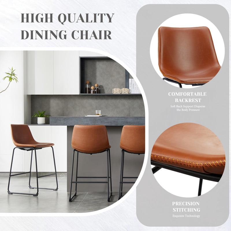 Gianna Counter Height Bar Stools Set of 2, Modern Faux Leather High Barstools with Back and Metal Leg, Bar Chairs for Kitchen Island, Brown