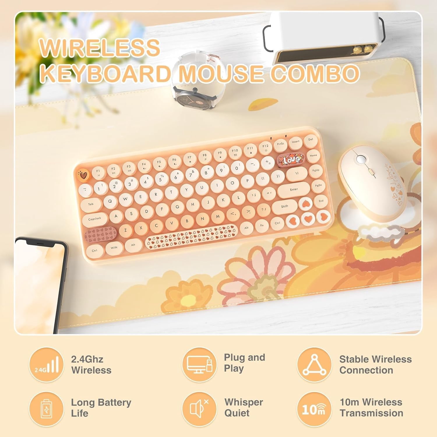 AJAZZ 308i Color Gradient Wireless Keyboard and Mouse Set, Retro Typewriter Keyboard with Cute Theme Round Keycaps for Mac/Windows/PC/Laptop-Orange set