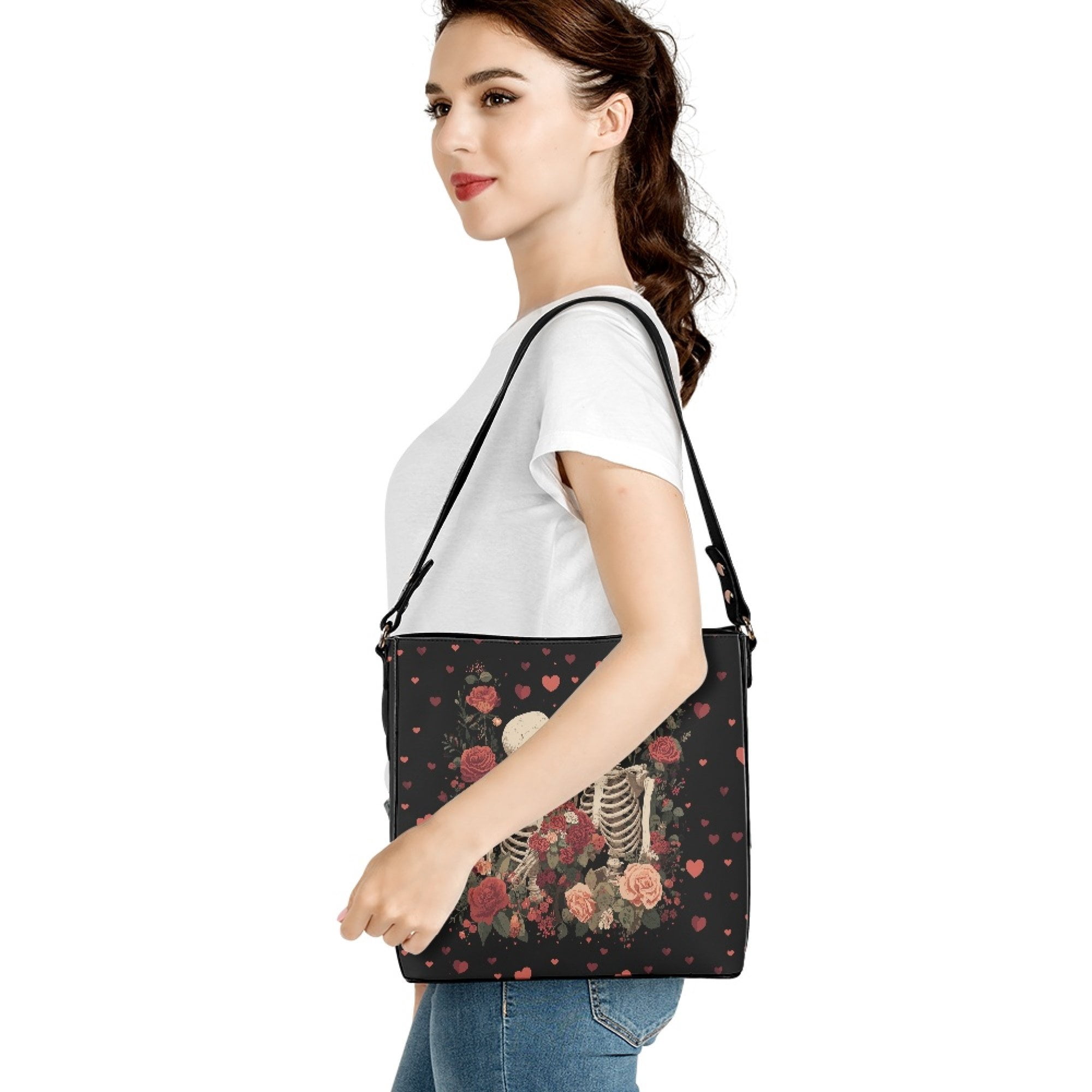 Kuiaobaty Skeleton Rose Print Bucket Bag for Women Lightweight Leather Shoulder Handbag with Adjustable Strap Roomy Casual Hobo Satchel Purse for Valentine's Day Black