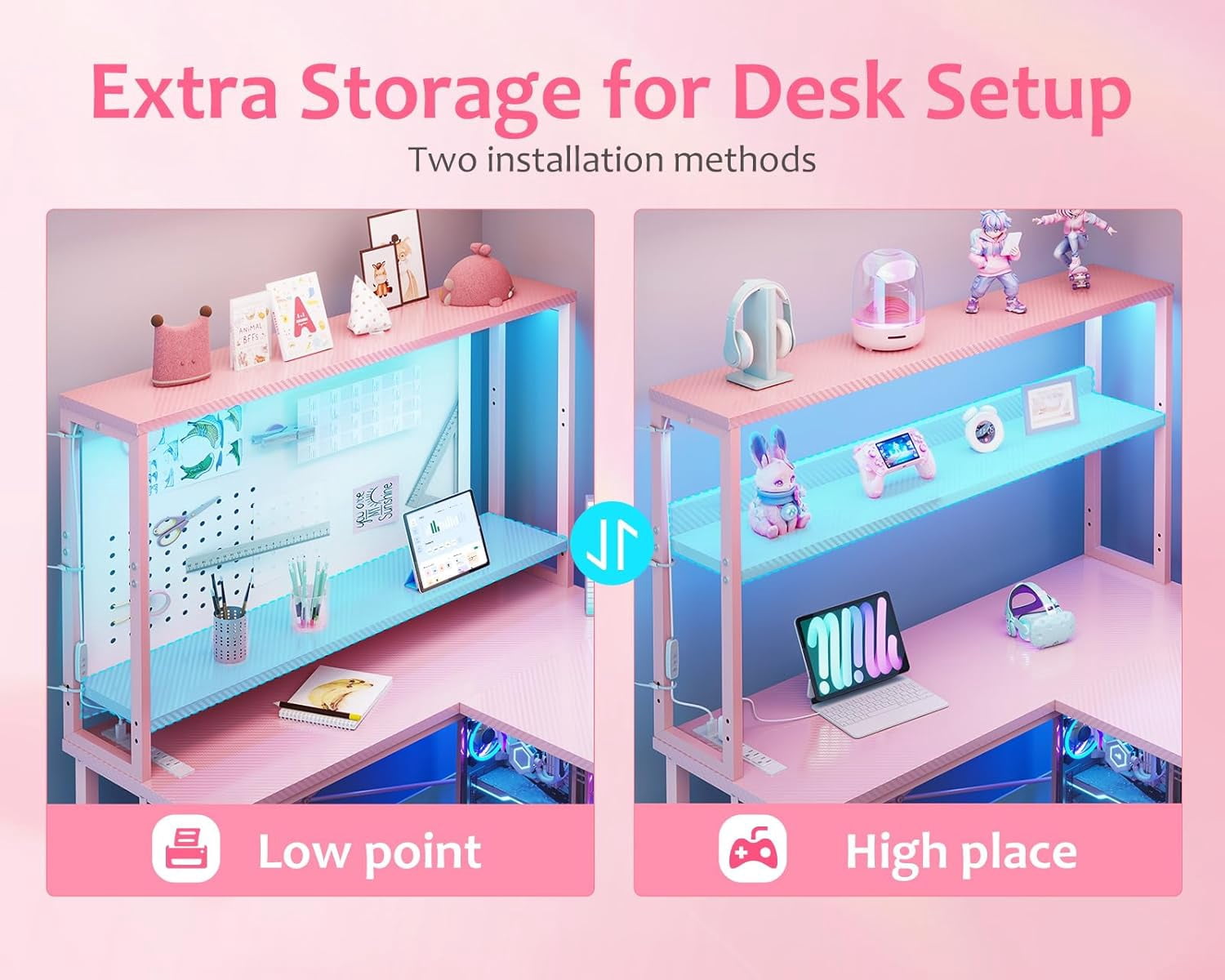 53 Inch L Shaped Desk with LED Lighting, Reversible Gaming Desk with Power Outlets, Cornor Computer Table with Storage Shelves & Bag & Iron Hook, Home Office Table for Writing, Study, Pink