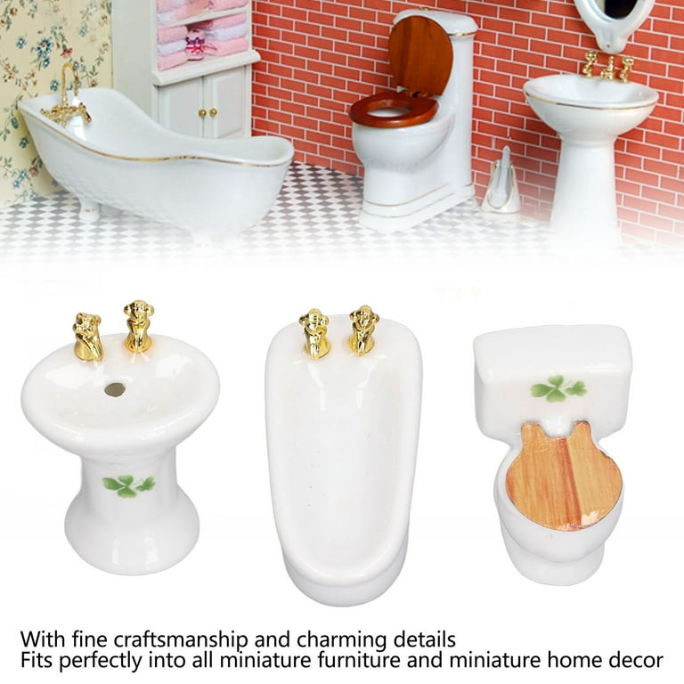 Alaaner 3Pcs Dollhouse Miniature Bathroom Set Ceramic Simulation Bathtub  Toilet Sink 1/24 Dollhouse Bathroom Furniture