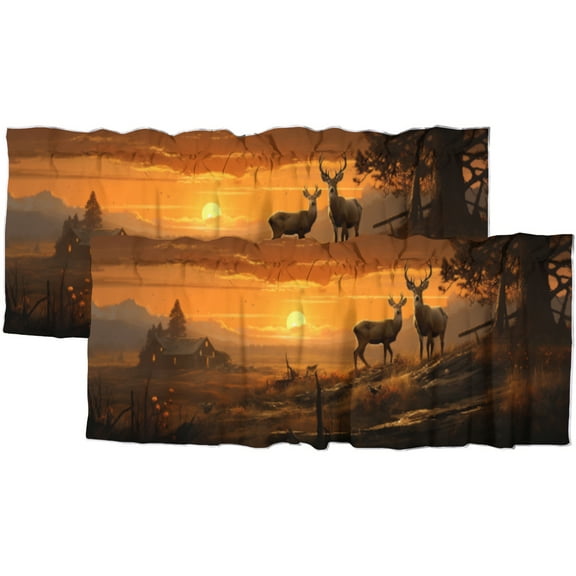Fall Deer Forest Valance Rod Pocket Window Curtain for Kitchen Wildlife Animal Elk Trees Autumn Hunting Lodge Window Valance for Bedroom Bathroom Living Room Dining Room 54 by 18 in, 2 Panel