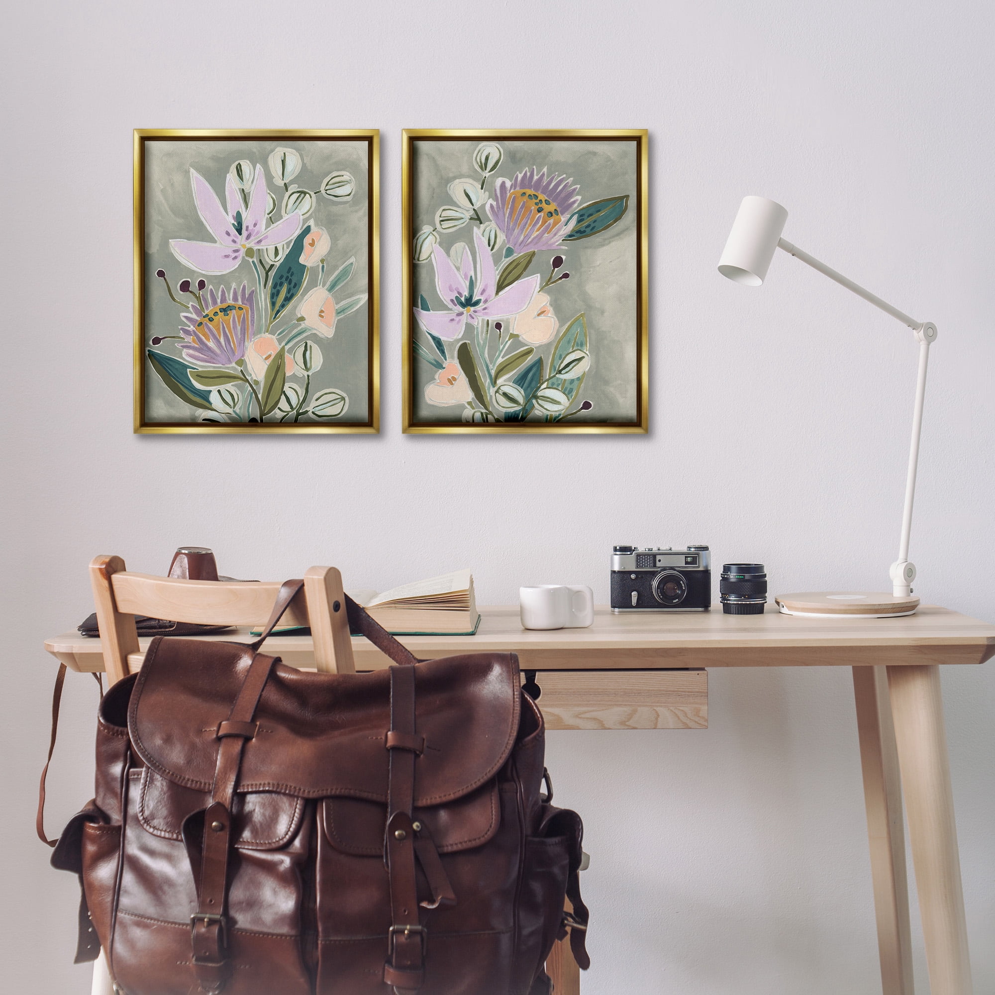 Stupell Industries Abstract Purple Floral Arrangement Botanical & Floral Painting Gold Floater Framed Canvas Art Print Wall Art, 17 x 21, Set of 2