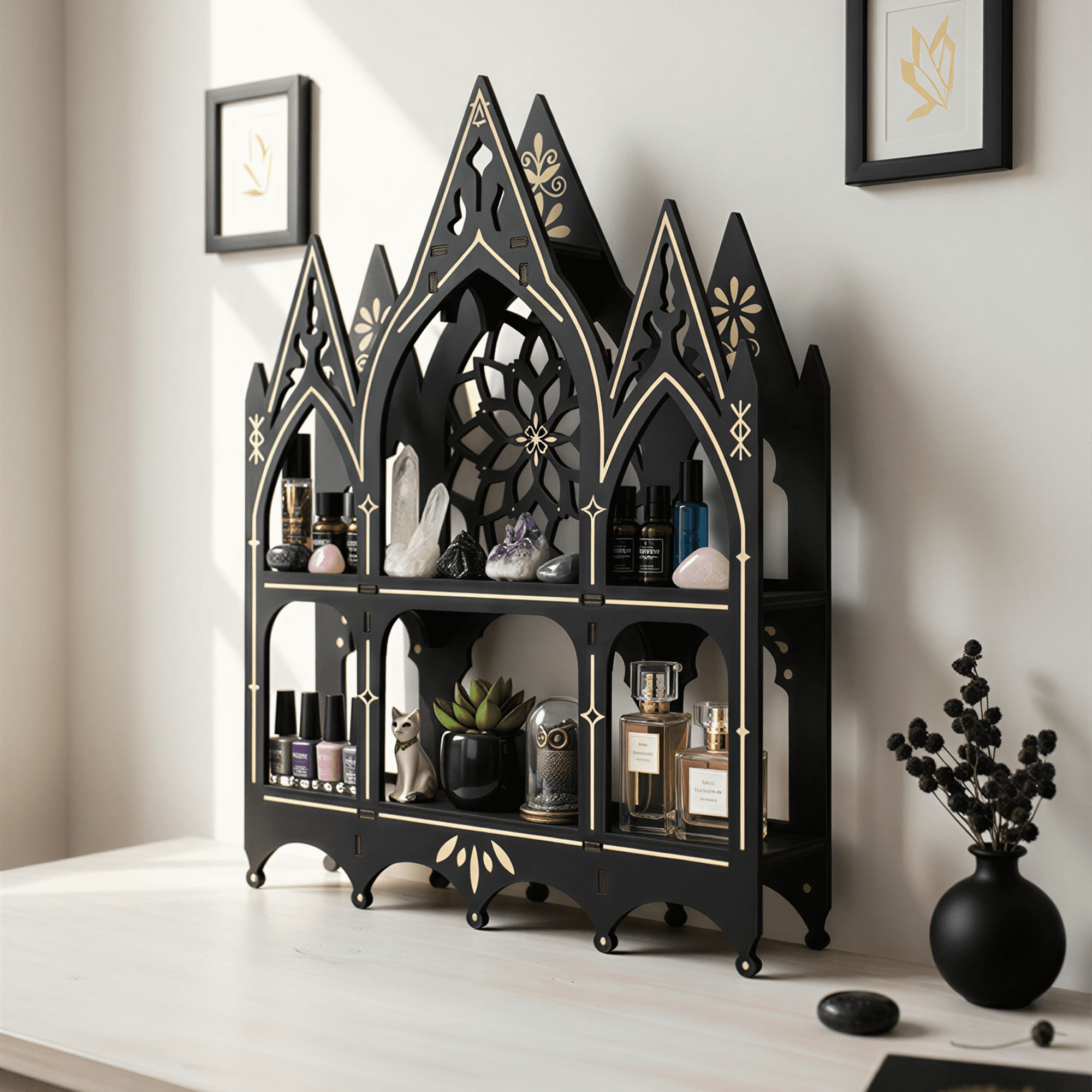 FNYDOX Gothic Trinket Shelf, Vintage Wall Shelf for Bedroom, Black Floating Shelves Gothic Witchy Home Decor Aesthetic Wall Goth Room Decor Decorative Crystal Display Shelves Vintage Gift