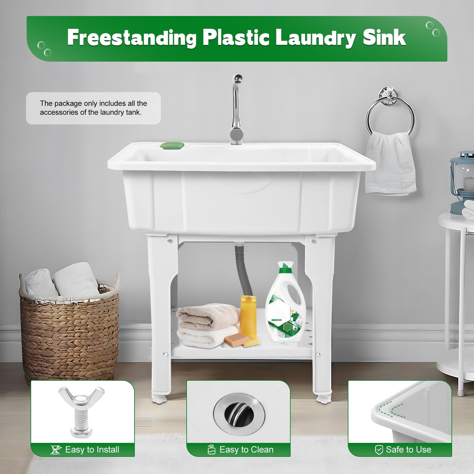 Heavy Duty Laundry Sink Utility Tub W/ Faucet Sinks For Washing Room White
