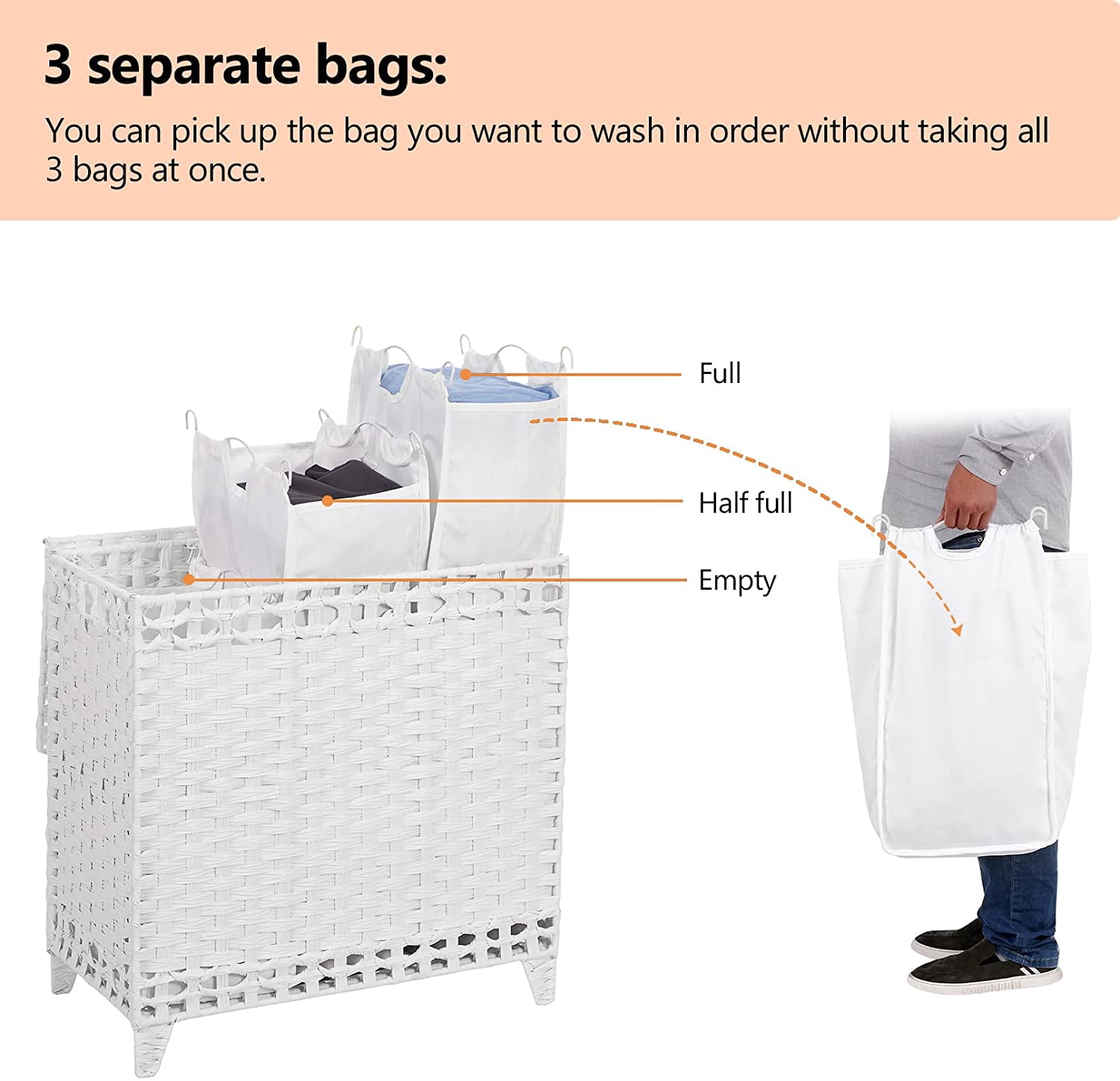 Laundry Hamper with 3 Removable Liner Bags; 132L Handwoven Rattan Laundry Basket with Lid & Heightened Feet; Clothes Hamper with Side Handles; Laundry Sorter with 3 Separate Sections