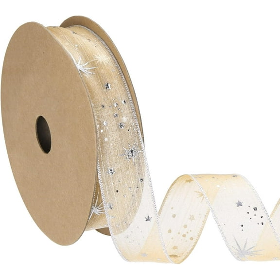 Organza Star Ribbon Wired, 1 Inch Wide 20 Yards Tree Print Sheer Glitter Ribbon for Gift Wrapping Garland Bouquet Ornaments Party Decorations (off-white)