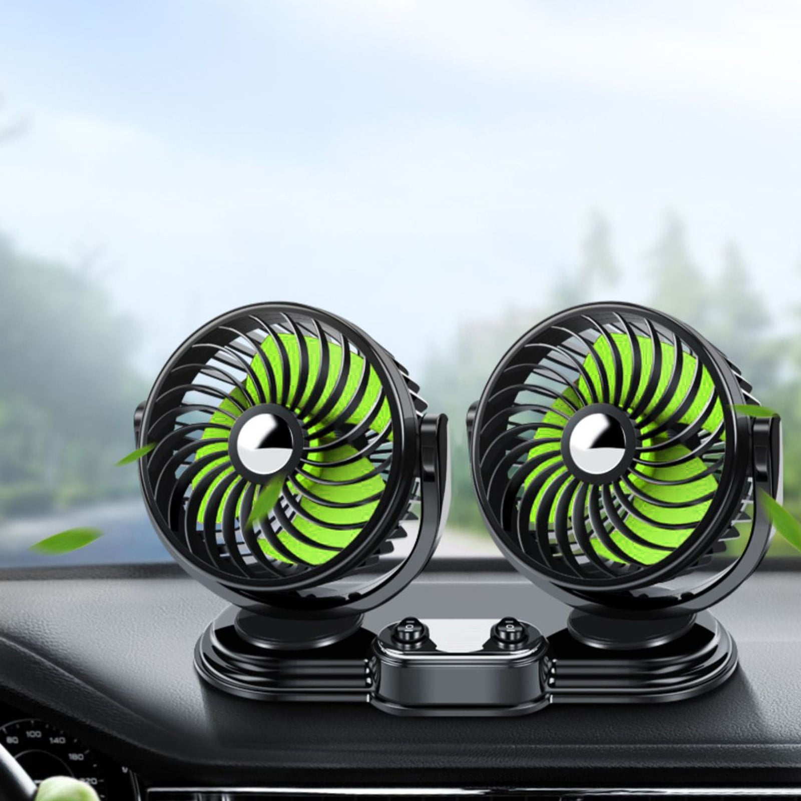 Car Fan, ZzCityTK Dual Head Folding Car Fan, Powerful 2-Speed USB Dashboard Fan for Trucks with 360° Rotation, Green