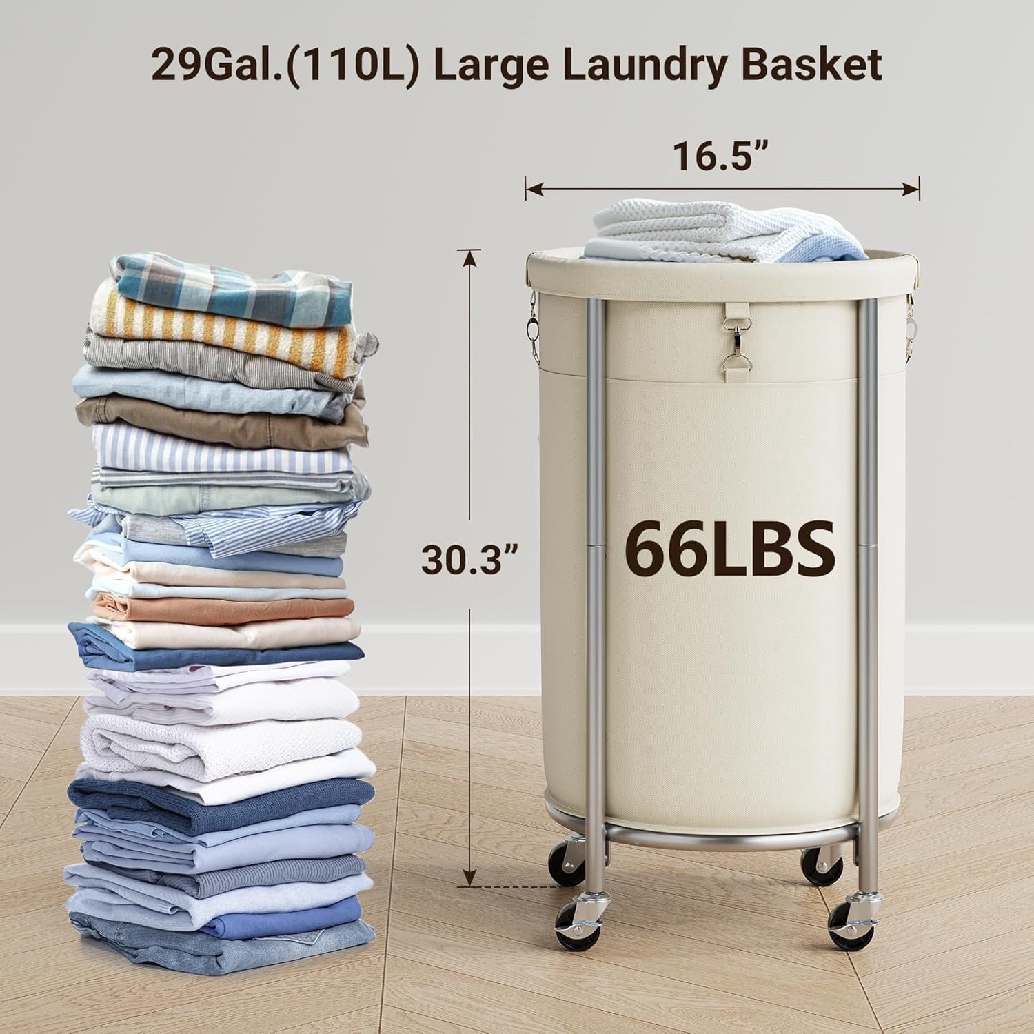 Laundry Hamper with Wheels, 110L Rolling Laundry Basket, Round Laundry Cart with Steel Frame and Removable Bag, 4 Casters and 2 Brakes, Dirty Clothes Hamper for Hotel, Home, Closet, Dorm