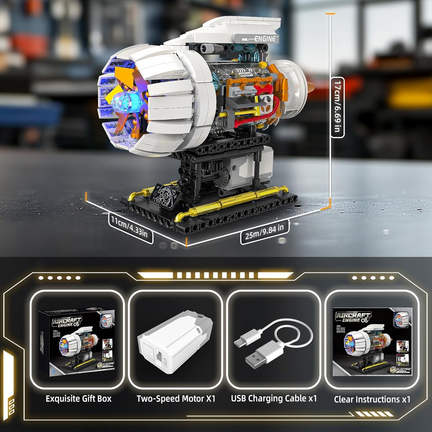 Aircraft Engine Building Kit for Adults, STEM Mini Engine Model Toy with Motor & Hand Rocker, Compatible with Airplane Set,