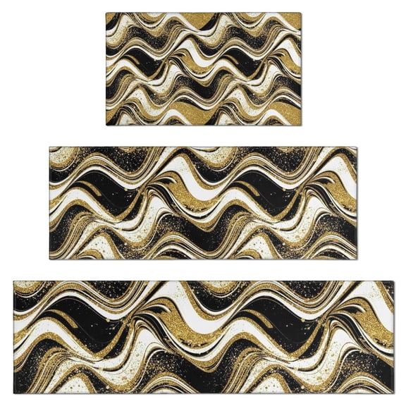Black Gold White Marble Pattern Kitchen Rugs Sets Of 3,Kitchen Runner Rugs Non Skid Washable,Decorative Kitchen Floor Mats for Kitchen,Sink,Laundry,17"x30" 17"x47" 17"x59"