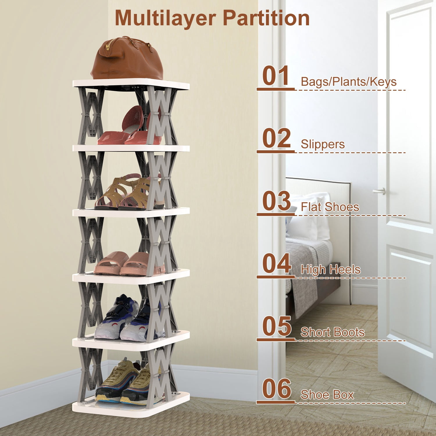 6 Tier Folding Shoe Rack Upright Shoe Cabinet Narrow Shoe Rack for Tight Spaces, Space Saving, Free Standing, For Corner Entryway Hallway Bedroom