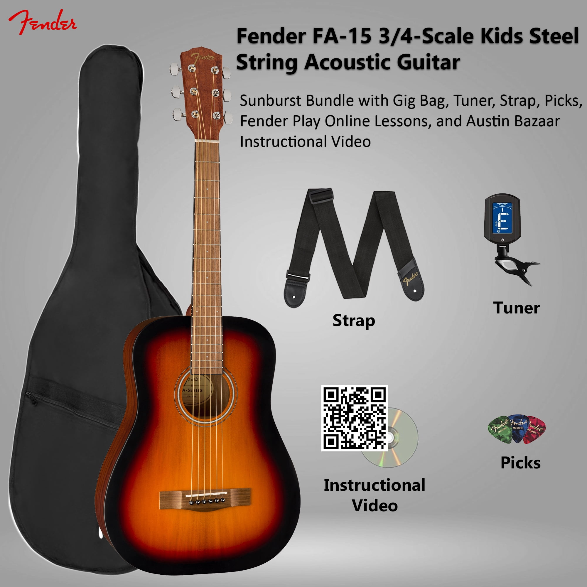 Fender FA-15 3/4-Scale Kids Steel String Acoustic Guitar - Sunburst w/ Gig Bag