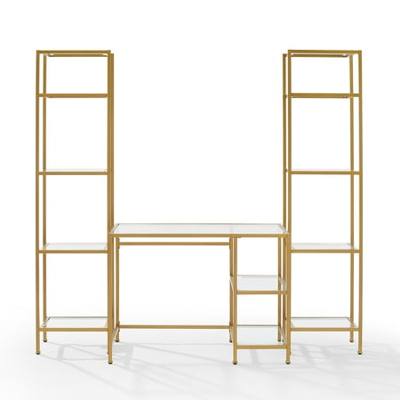 UPC: 0710244244749 | Crosley 78 x 20 x 73 in. Aimee Desk & Etagere Set – Desk & 2 Narrow Etageres  Soft Gold – 3 Piece